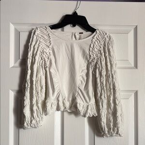 Free People White Ruched Sleeve Top